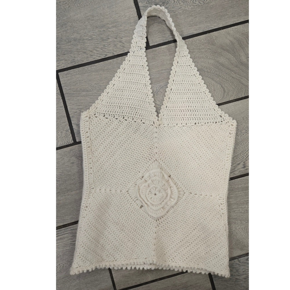 Handmade Crochet Halter Top Cream White Rosette Flower Boho Festival Vintage